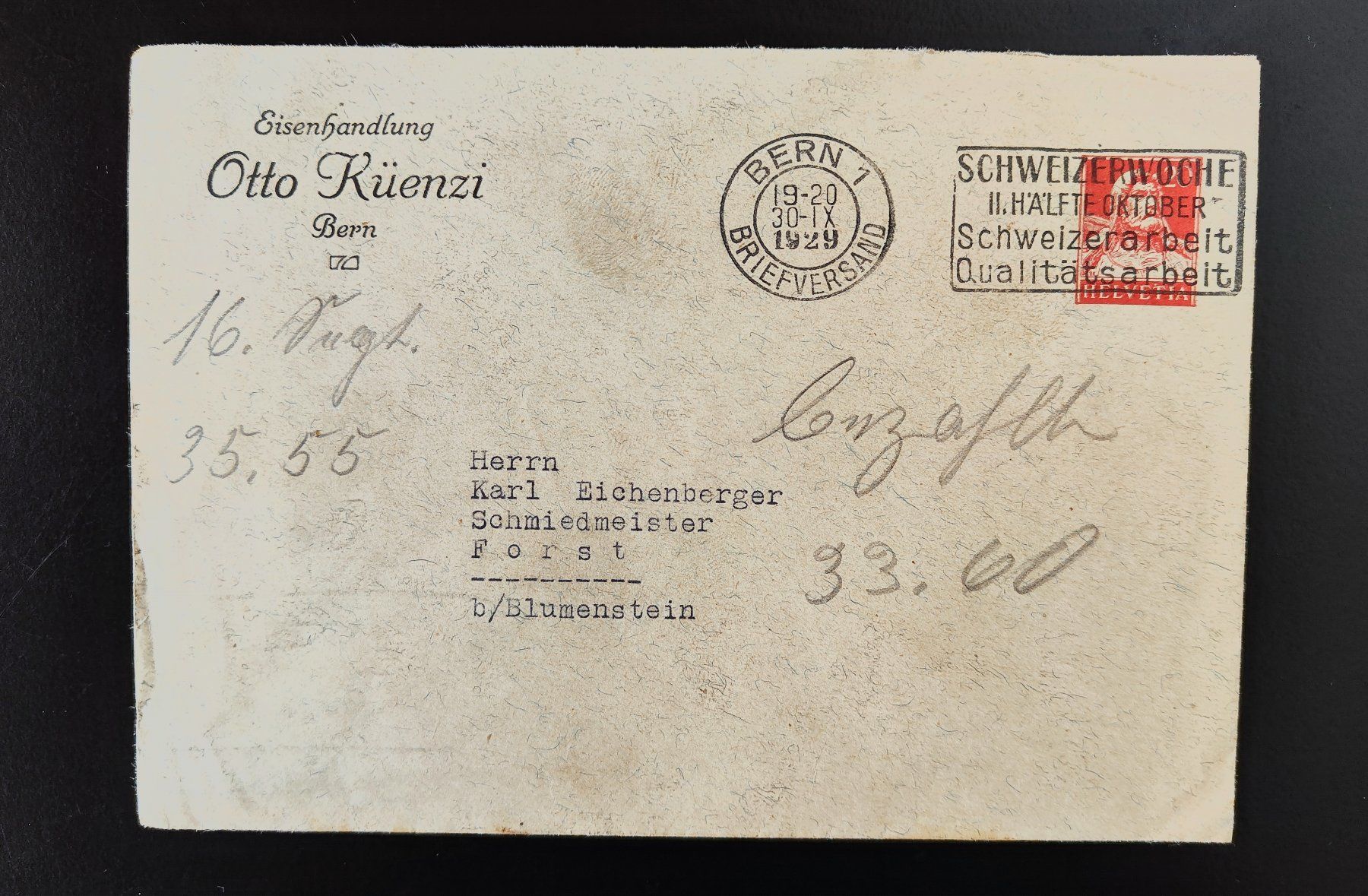 Buste & buste per spedizione: Couvert Otto Küenzi Bern 1929 – Usato da Lenzburg venduto da Dani_Lenzburg