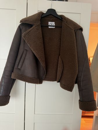 Zara Faux Shearling Biker Jacket Brown