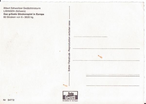 Cartoline postali: Libingen, Glocken Albert Schweitzer-Turm, um 1965 – Usato da Frauenfeld venduto da POML 1