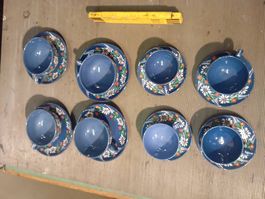 8er Set Vintage Tassen mit Untertassen, blau, Blumenmuster