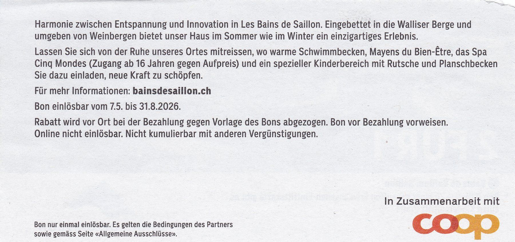 Buoni: Bon 2 für 1 Bains de Saillon – Nuovo (secondo la descrizione) da Schliern b. Köniz venduto da joni20 1