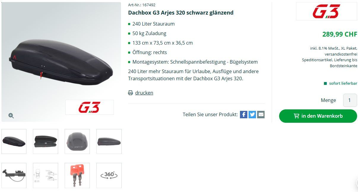 G3 Box da tetto: Dachbox G3 Arjes 320 schwarz glänzend mit Träger – Usato da Flums venduto da Joha 1