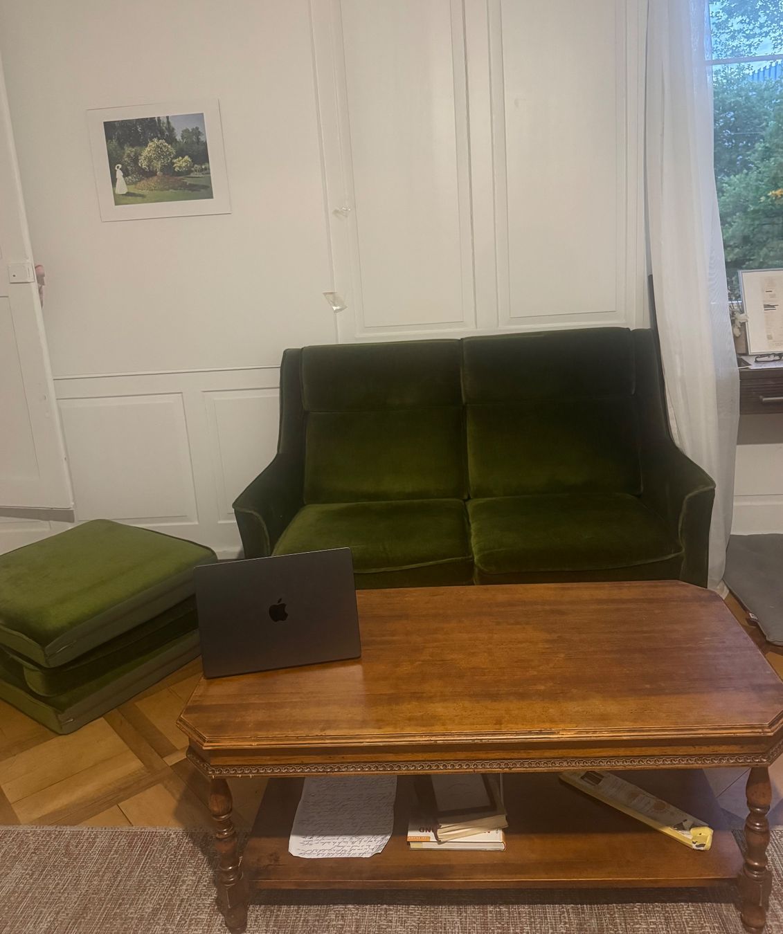 Divani: Olivgrüne Samt-Sitzgruppe mit Sofa, Sessel und Hocker – Usato da St. Gallen venduto da mer_l2n9 1