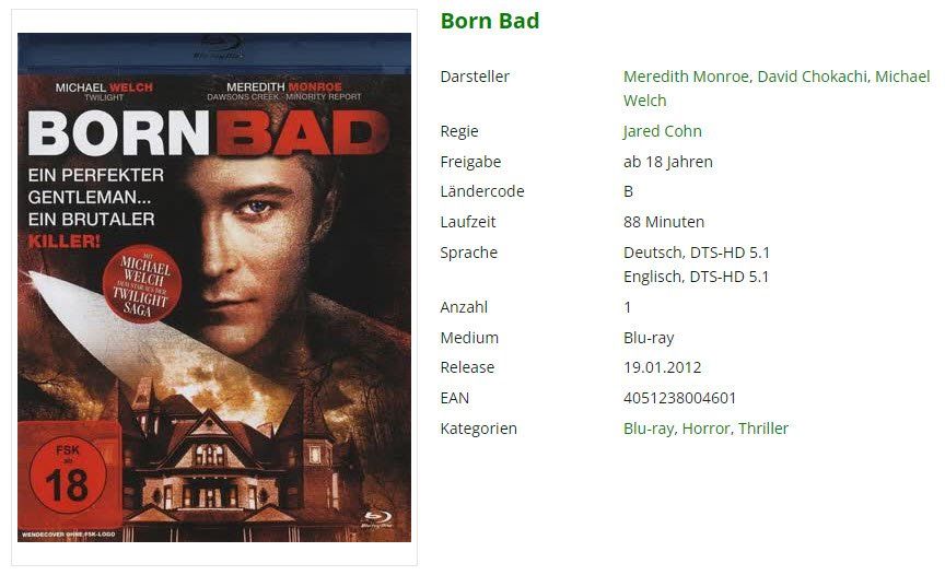 Tutti i DVDs: Born Bad (Bluray) – Usato da Emmetten venduto da SVollenweider