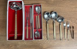 Vintage Salatbesteck Set, 11 teilig, Chromstahl, Golddekor