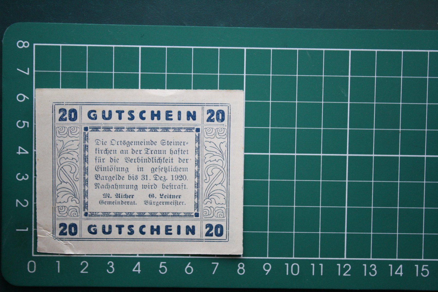 Banconote: currency voucher austria steinerkirchen  20 heller 1920 – Usato da Laupen BE venduto da Gufi57 1