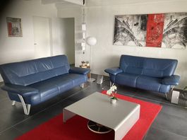 blaues Ledersofa 3er- & 2er 