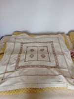 Vintage Embroidered Tablecloth, Handmade, Cream & Brown