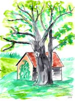 Zeichnung: Baum und Scheune