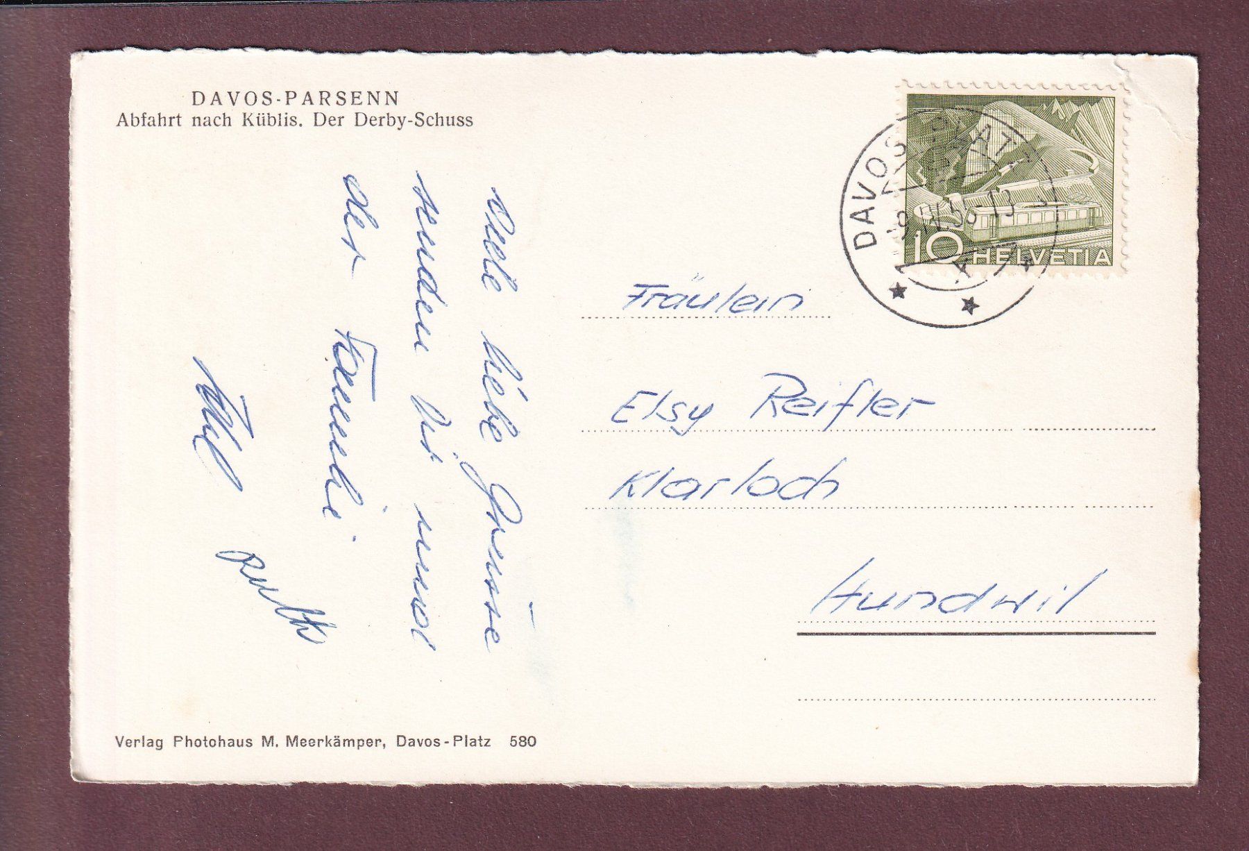 Cartoline postali: DAVOS-PARSENN - Abfahrt nach Küblis - 1955 // Eckbug // – Usato da Pully venduto da nicecards 1