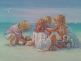 4 ISLAND GIRLS  on the beach 28x23 cm