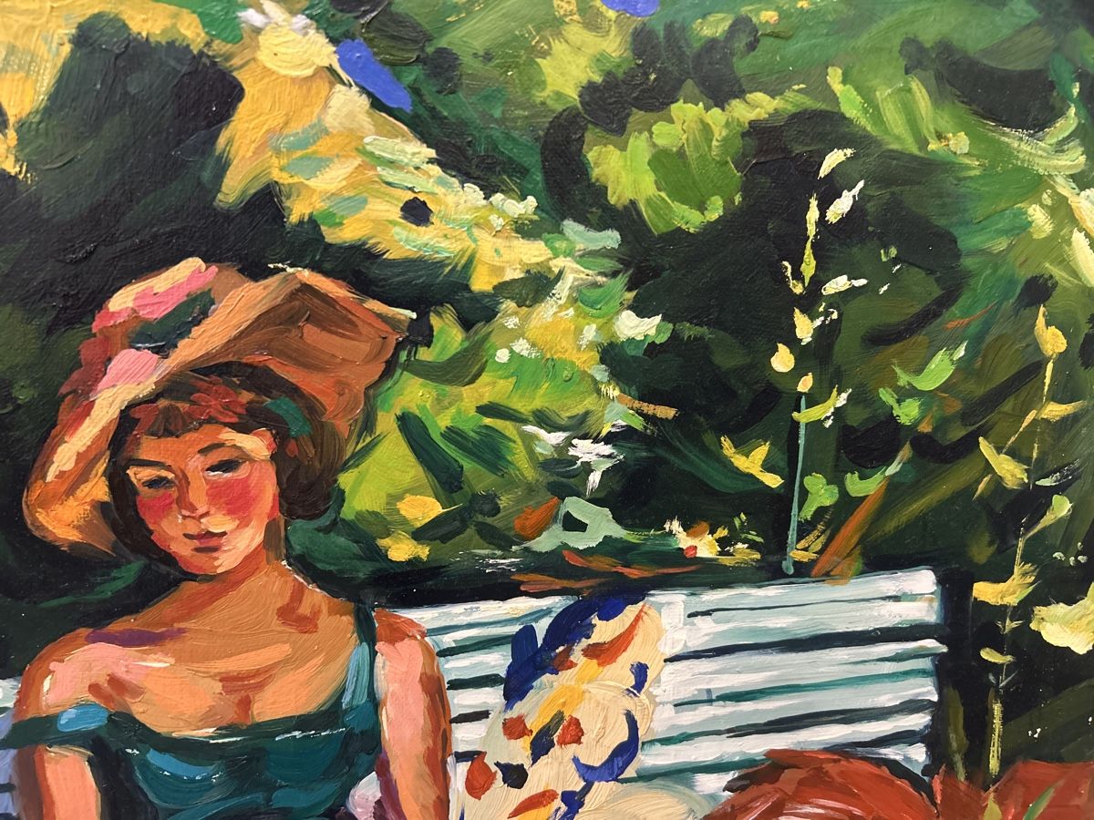 Gemälde: Gemälde: "Dame im Garten", signiert, Pierre Cornu – Gebraucht aus Glarus von KunstWerkEr-LS87 4