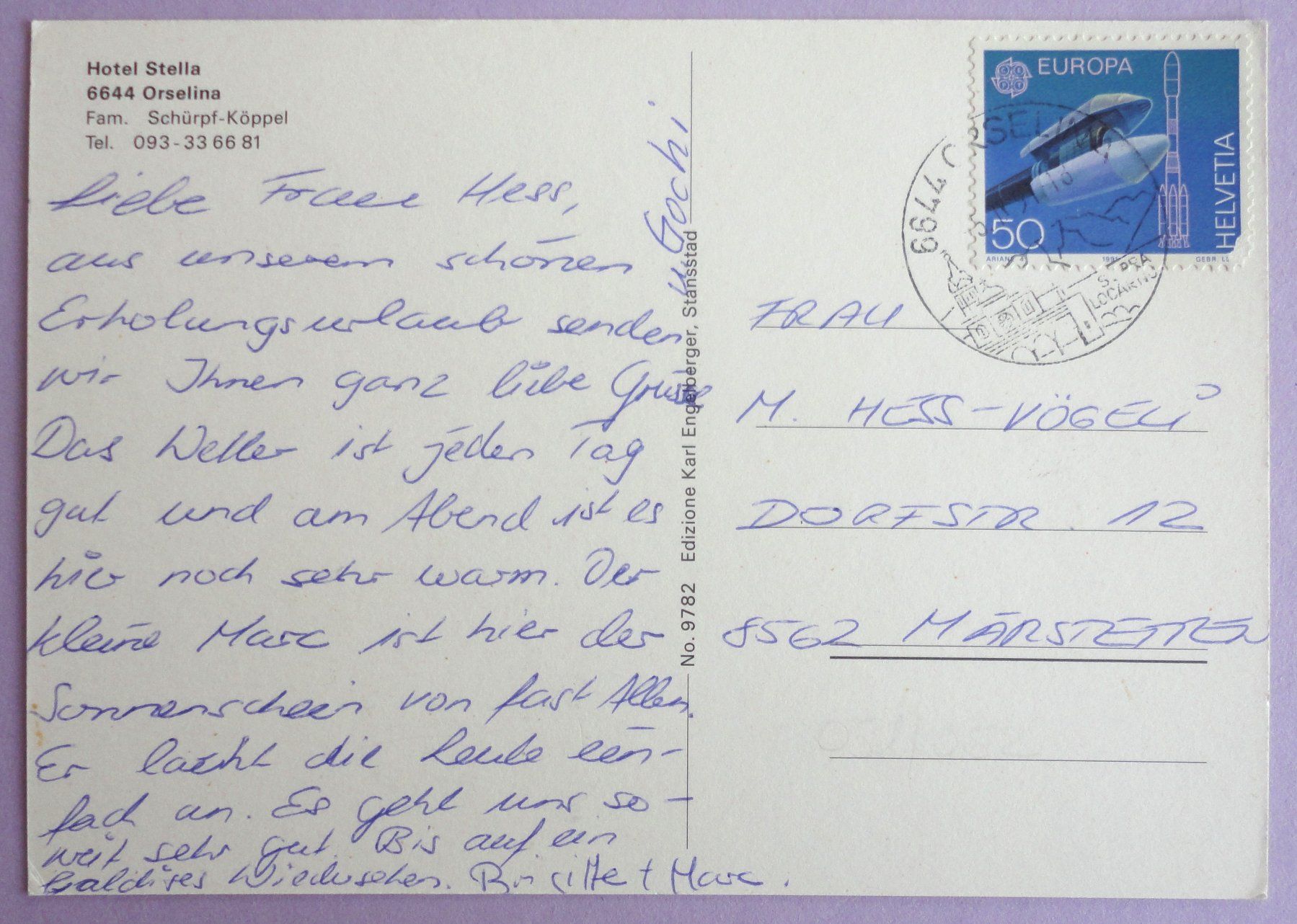 Cartoline postali: Hotel Stella, Orselina – Usato da Fétigny venduto da Billy2miny 1