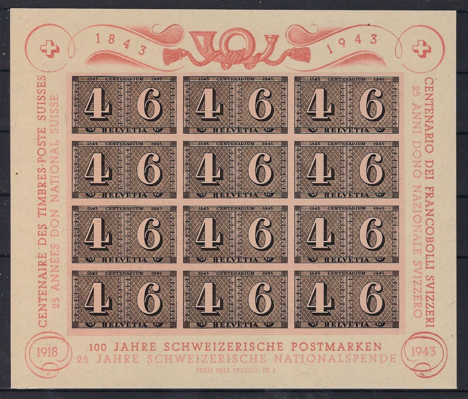 Tutti i francobolli: 1943 Kleinbogen Nr.2 100 Jahre Postmarken **   15862 – Usato da Lunden venduto da Animus999