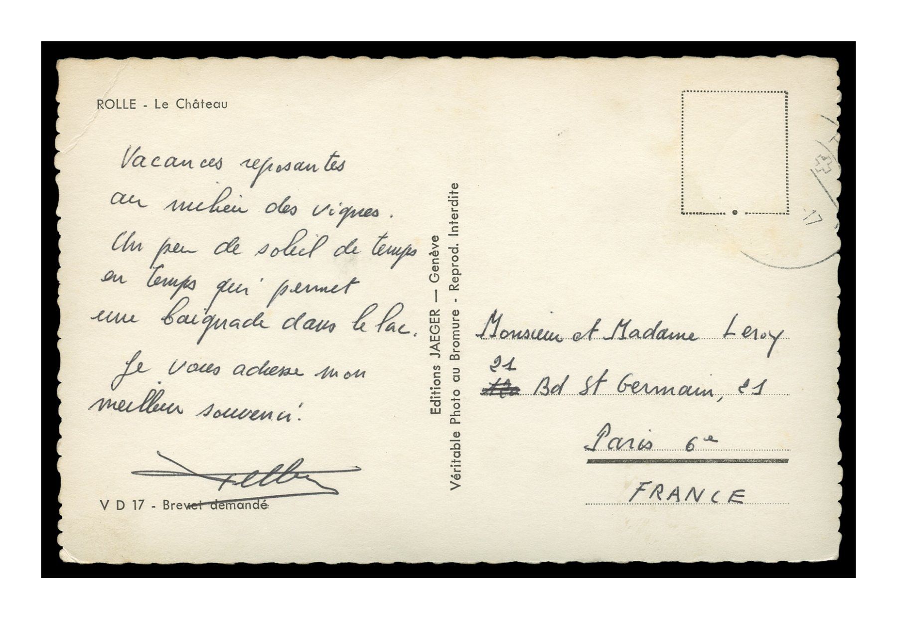 Cartoline postali: ROLLE - 1948/49 "Le Château" Blason – Usato da Onex venduto da gonsla01 1