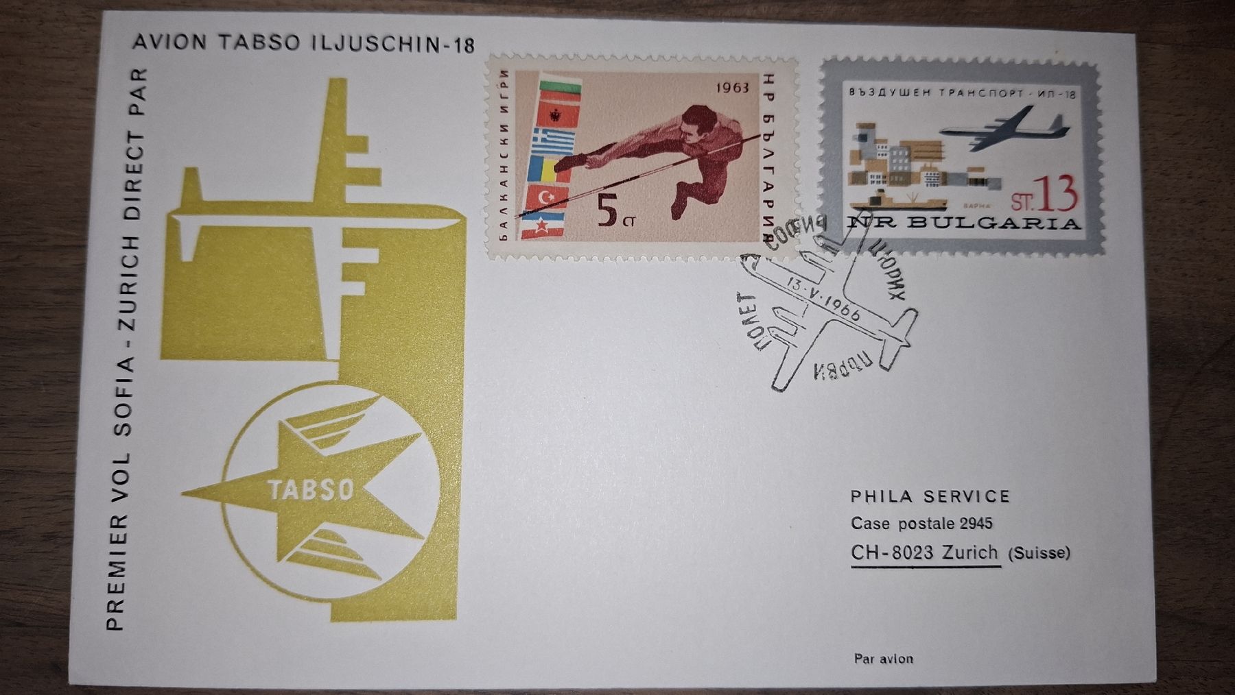 Tutti i francobolli: TABSO Sofia - Zürich 13.05.1966 – Usato da Balgach venduto da SIMEON27