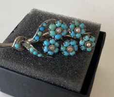 Antike Brosche Vergissmeinnicht Türkis + Perlen 900 Silber