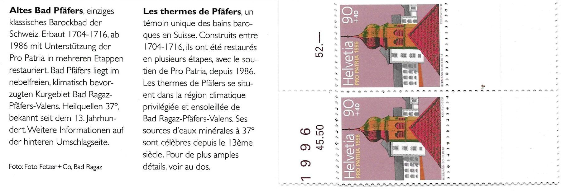 Tutti i francobolli: Pro Patria 1996 Briefmarken-Heft, "Altes Bad Pfäfers" – Nuovo e nell'imballaggio originale da Binningen venduto da Hahexa 2