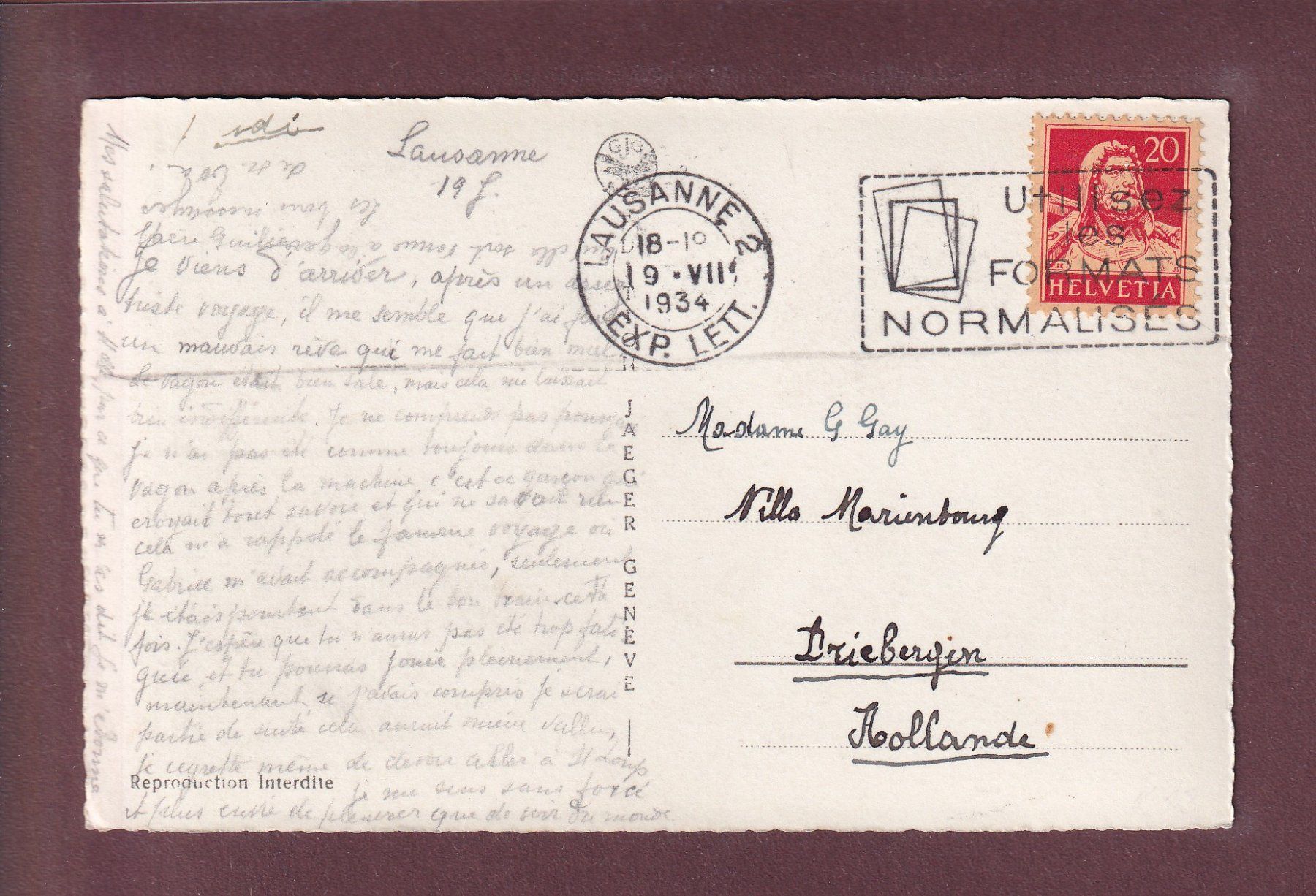 Cartes postales: LAUSANNE - Ouchy - 1934 – D'occasion à Pully par nicecards 1