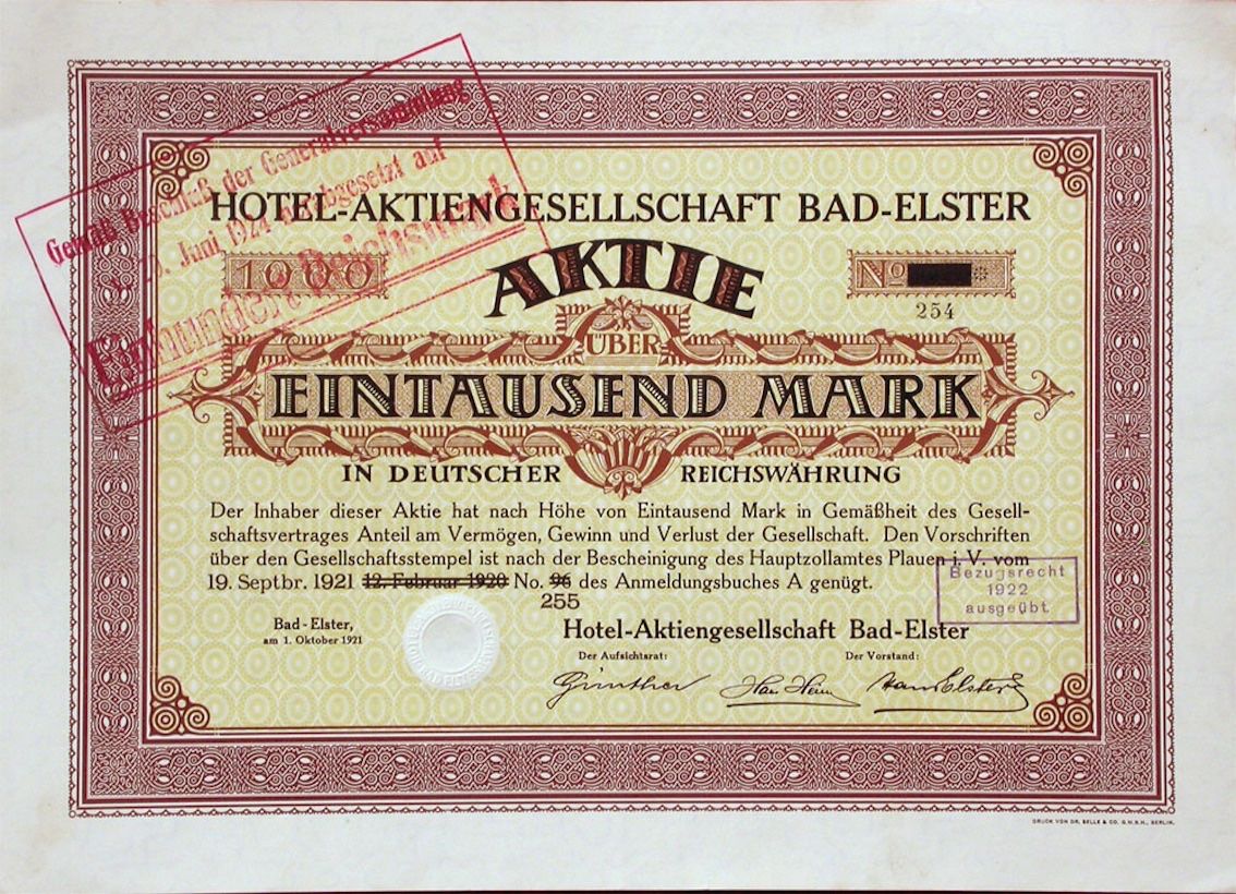 Documenti: Hotel-AG Bad-Elster, Bad-Elster - 1921 – Usato da Solothurn venduto da Sgasche