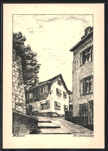 Cartoline postali: Künstler-AK Basel, Am Leonhardsberg – Usato da Berlin venduto da bartko-reher