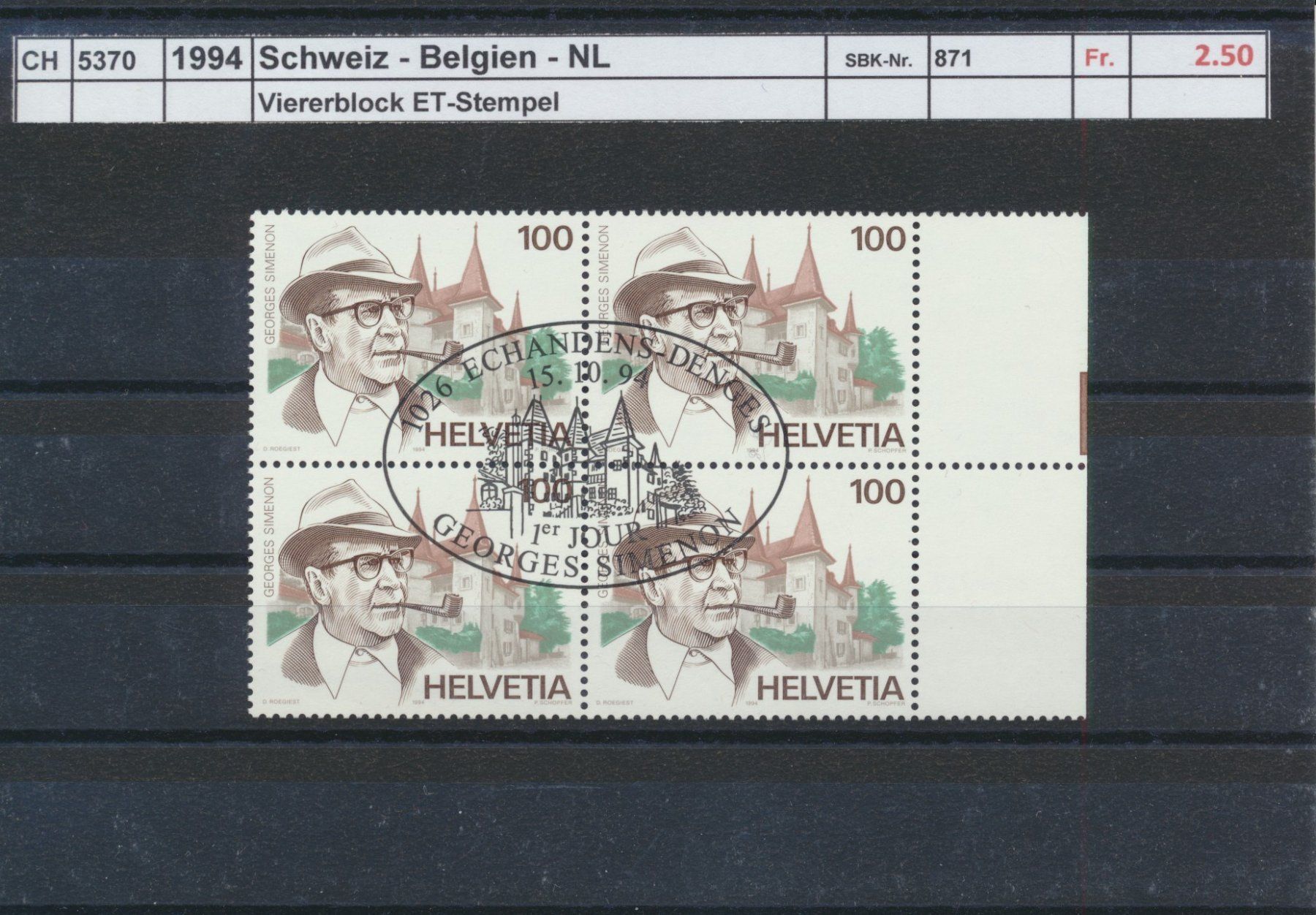 Tous les timbres: 1994 "Georges Simenon", Viererblock, ET - Stempel – D'occasion à Winterthur par Zupogeru