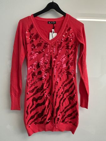 Pullover Lang Rot Pailletten Figurbetont 1 Size Neu