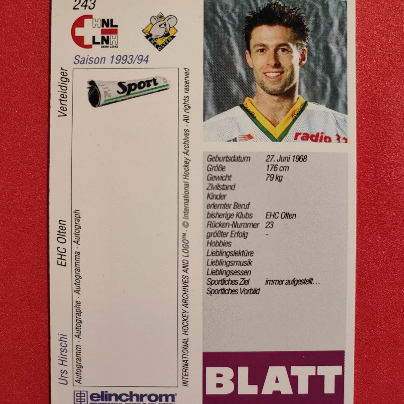 Sammelbilder & Trading cards: Urs Hirschi - EHC OLTEN - 1993/94 – Gebraucht aus Dübendorf von kb86_MOVIE 1