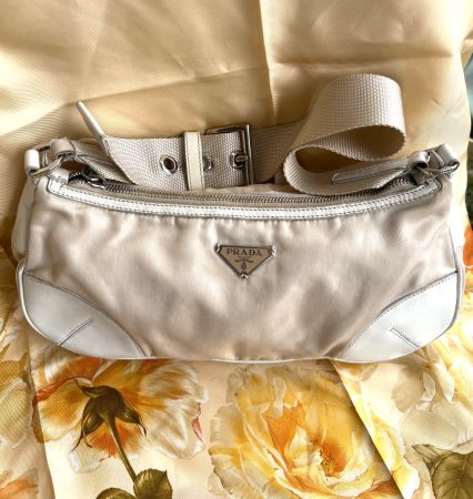 Prada Sac à main vintage original toile et cuir beige/blanc