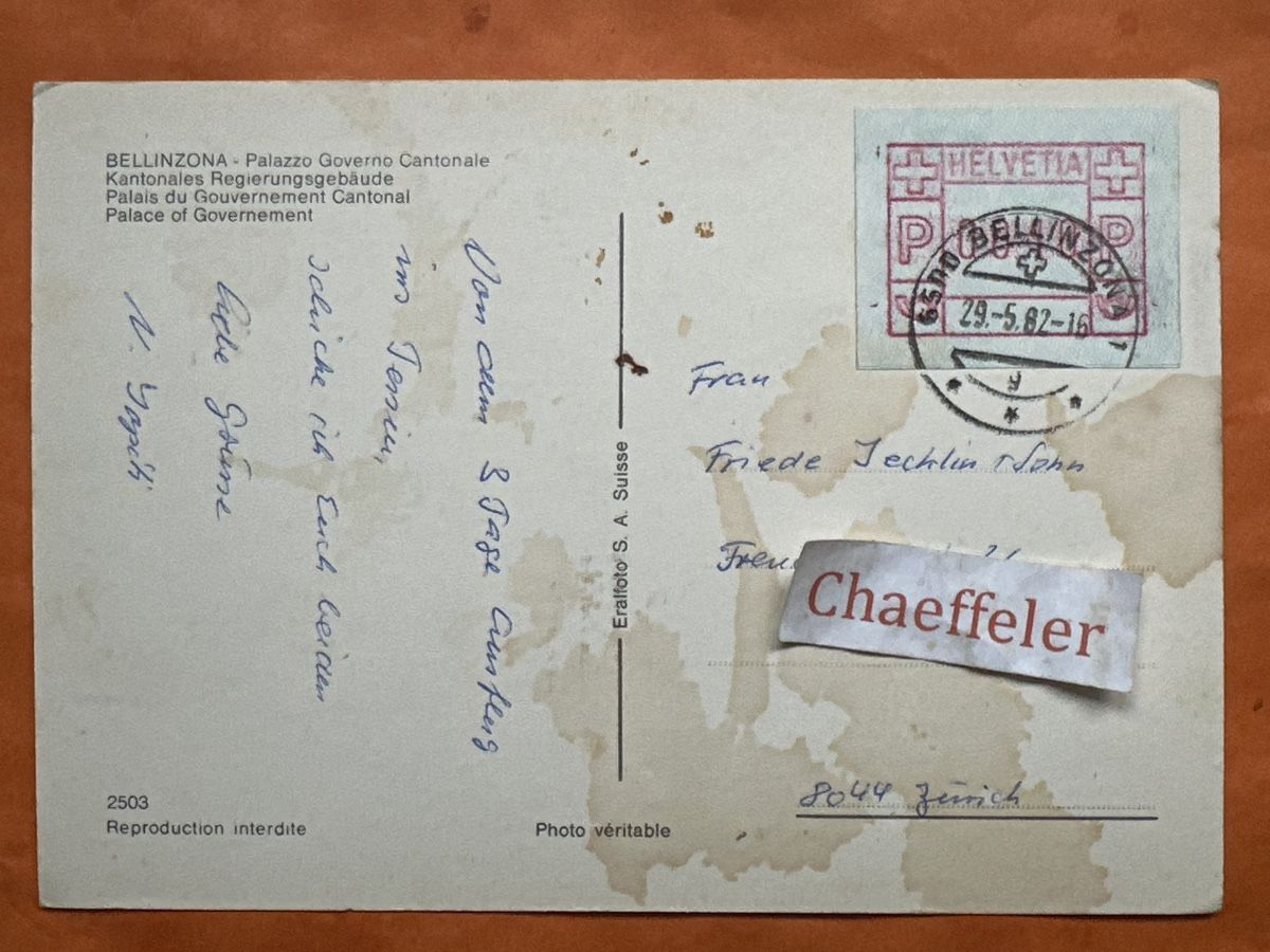 Ansichtskarten: 1982 Bellinzona, Palazzo Governo Cantonale – Gebraucht aus Zürich von Chaeffeler 1