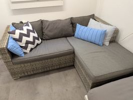 Gartensofa Polyrattan grau L-Form 180x135cm, gut gebraucht