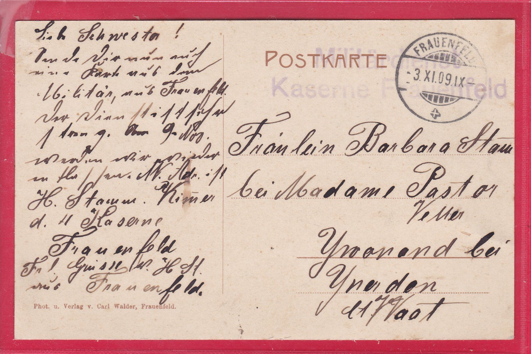 Cartoline postali: FRAUENFELD, 3.11.1909, FELDPOST – Usato da Oberrieden venduto da Gebirgsstelze 1