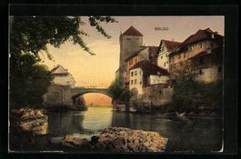 AK Brugg, Flusspartie mit Häusern, 1920