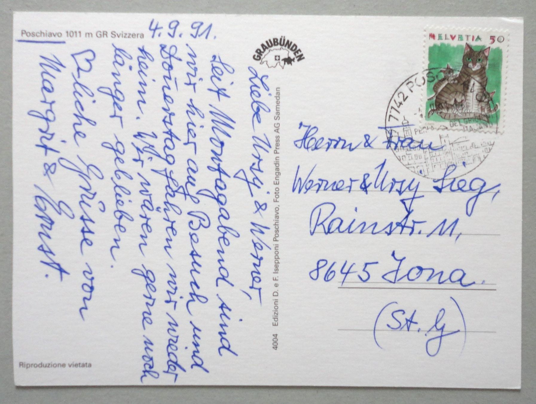 Cartoline postali: Poschiavo 1011 m – Usato da Fétigny venduto da Billy2miny 1