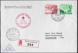 1939 R/FL Luftpost ROT-KREUZ selten ab Vaduz-ZH-Genf ab 1.-