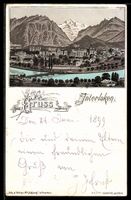 Lithographie Interlaken, Panorama mit türkisem Fluß