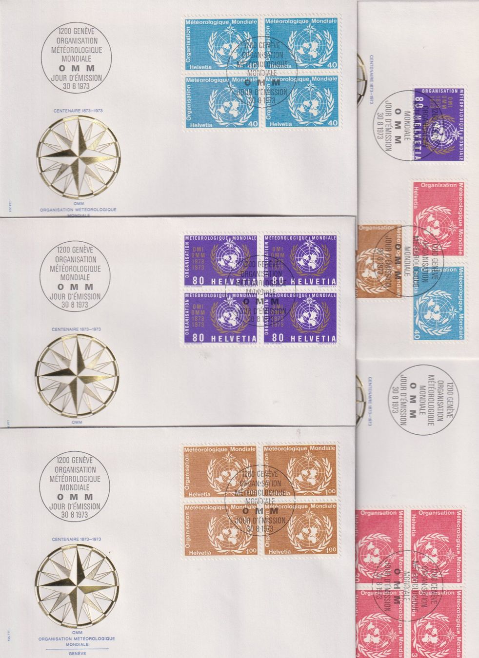 Tutti i francobolli: OMM, Genf. FDC-Serie 1973. Einzelmarken & Vierer-Blocks. – Nuovo (secondo la descrizione) da Koblenz venduto da Boerse6