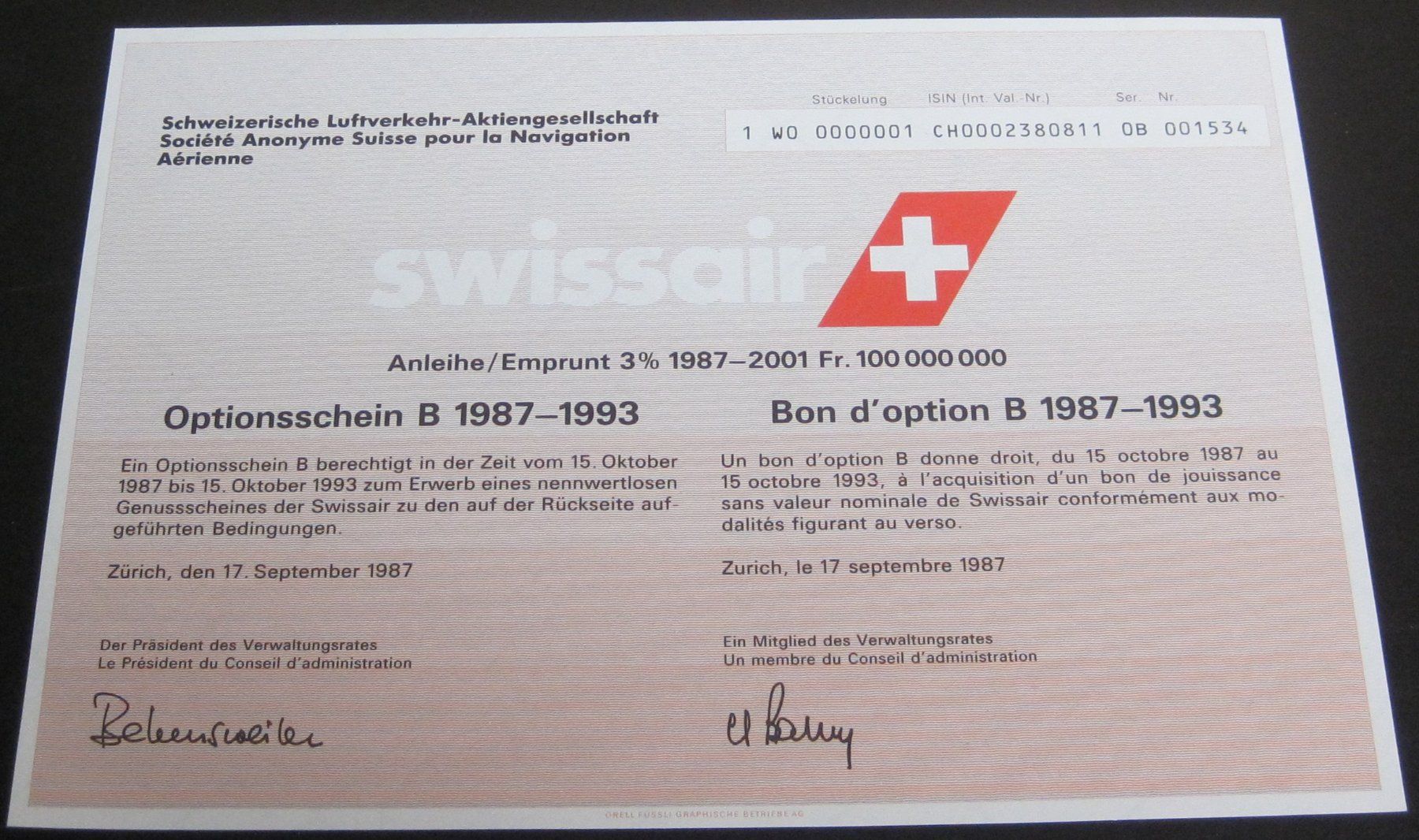 Documents: Swissair Optionsschein B – D'occasion à Waltenschwil par lehrblaetz55