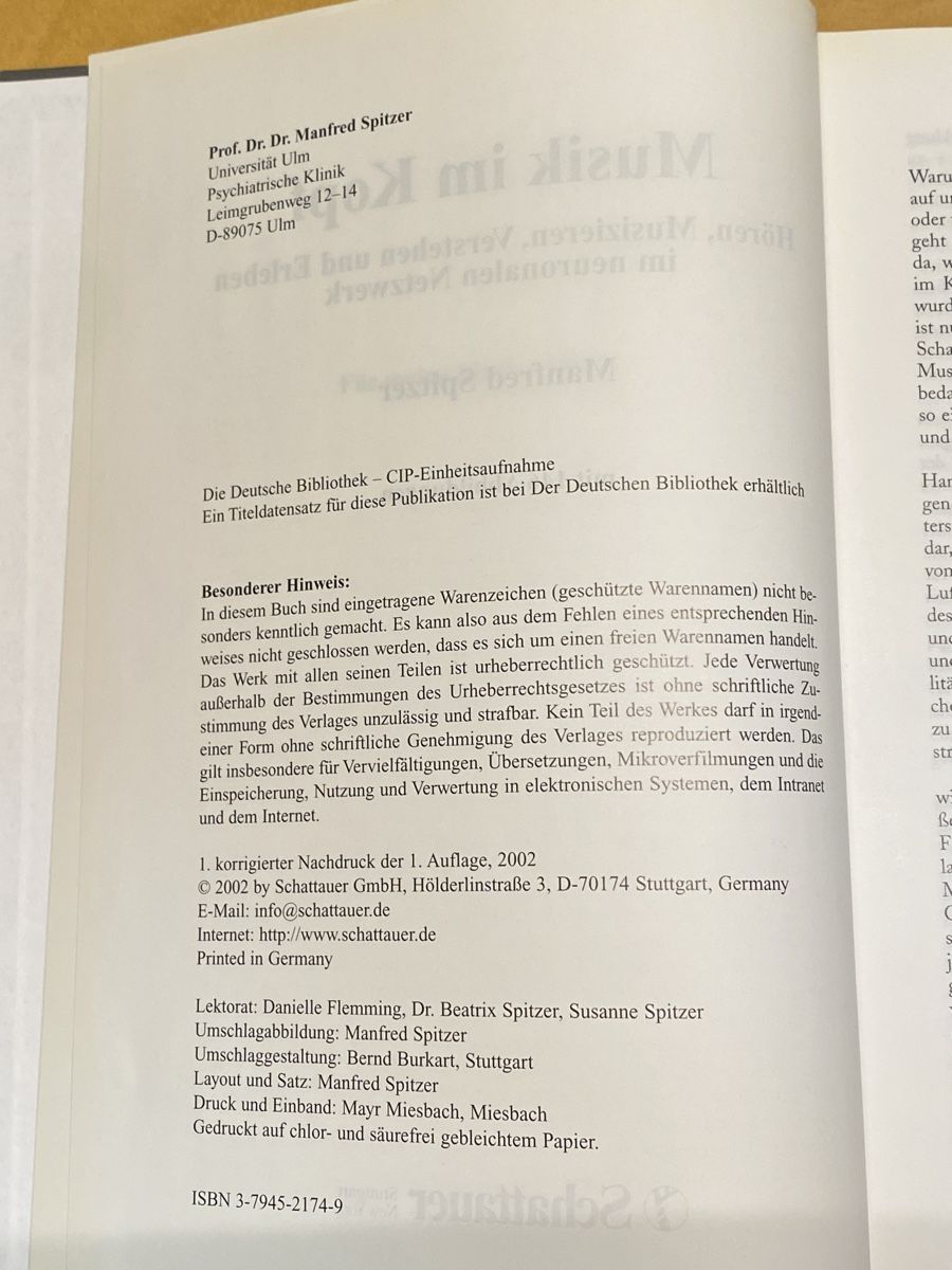 Bücher: Fachbuch: Musik im Kopf, Schattenhauer – Gebraucht aus St.Gallen von kingsamas 5