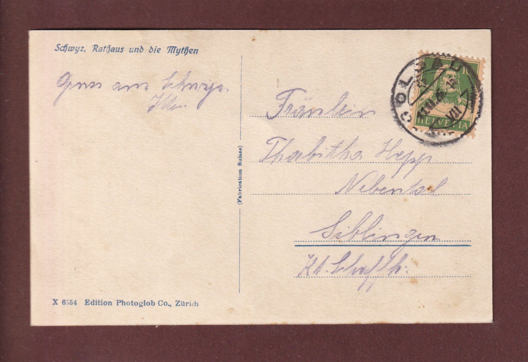 Cartoline postali: SCHWYZ - Rathaus - Mythen - 1925 – Usato da Pully venduto da nicecards 1