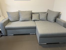 Eck-/ Bettsofa grau Stoff mit Bettfunktion / Stauraum