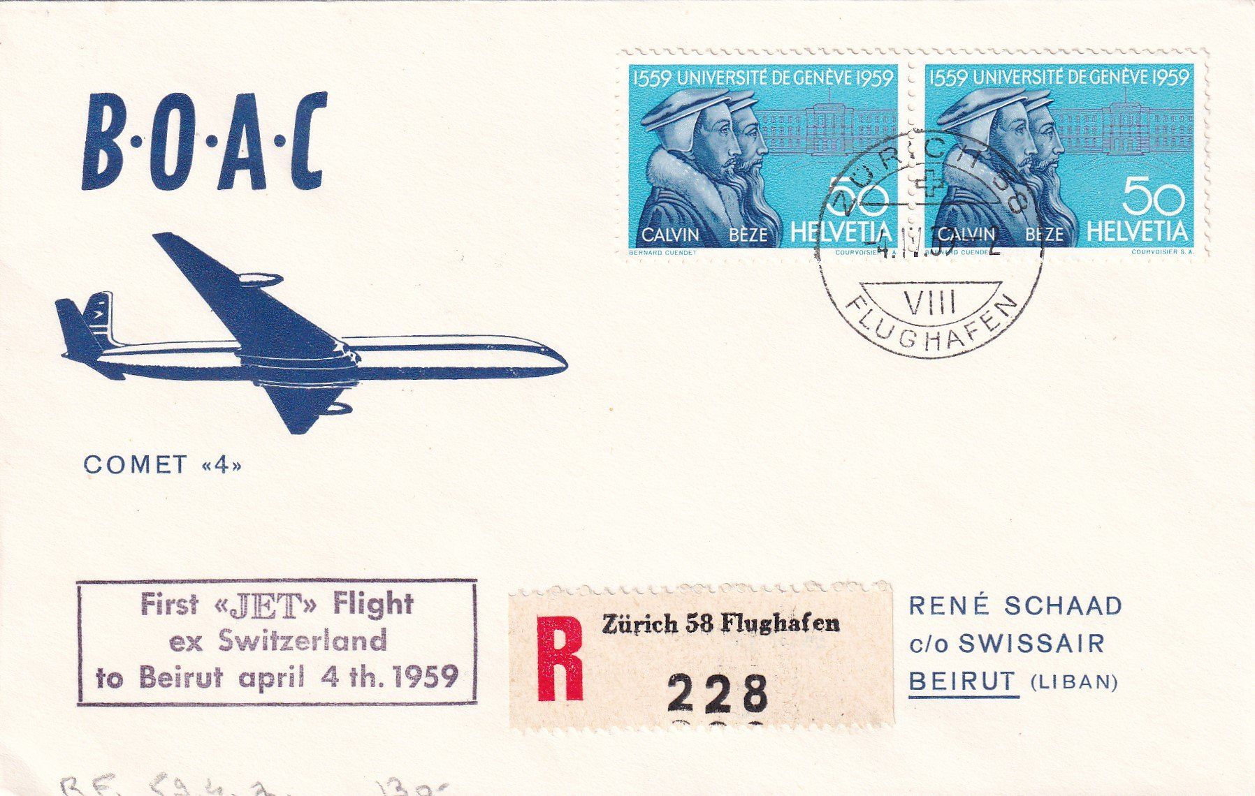 Alle Briefmarken: First "Jet" Flight ex Switzerland to Beirut 4.4.1959 – Gebraucht aus Birsfelden von chr_yq2g