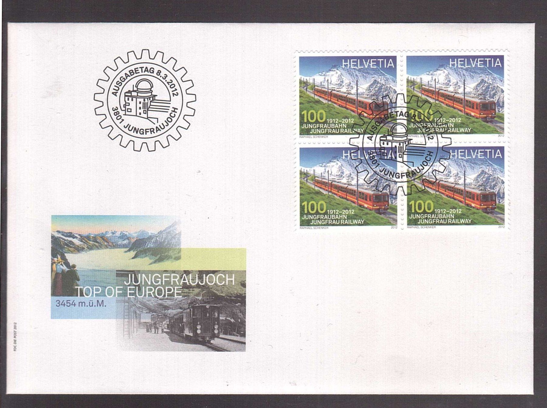 Alle Briefmarken: 2012 3 FDC 4er  Jungfraubahn – Gebraucht aus Rheinau von loxis