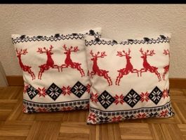 Lot de 2 Coussins Décoration Noël Renne & Uni Creme Confort