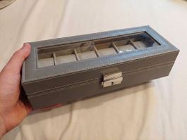 Box GRAU mit Schloss für 6 Uhren aus PU-Leder mit Organizer