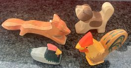 4 Ostheimer Holztiere, Fuchs Hahn, Huhn, Hund, gemarkt