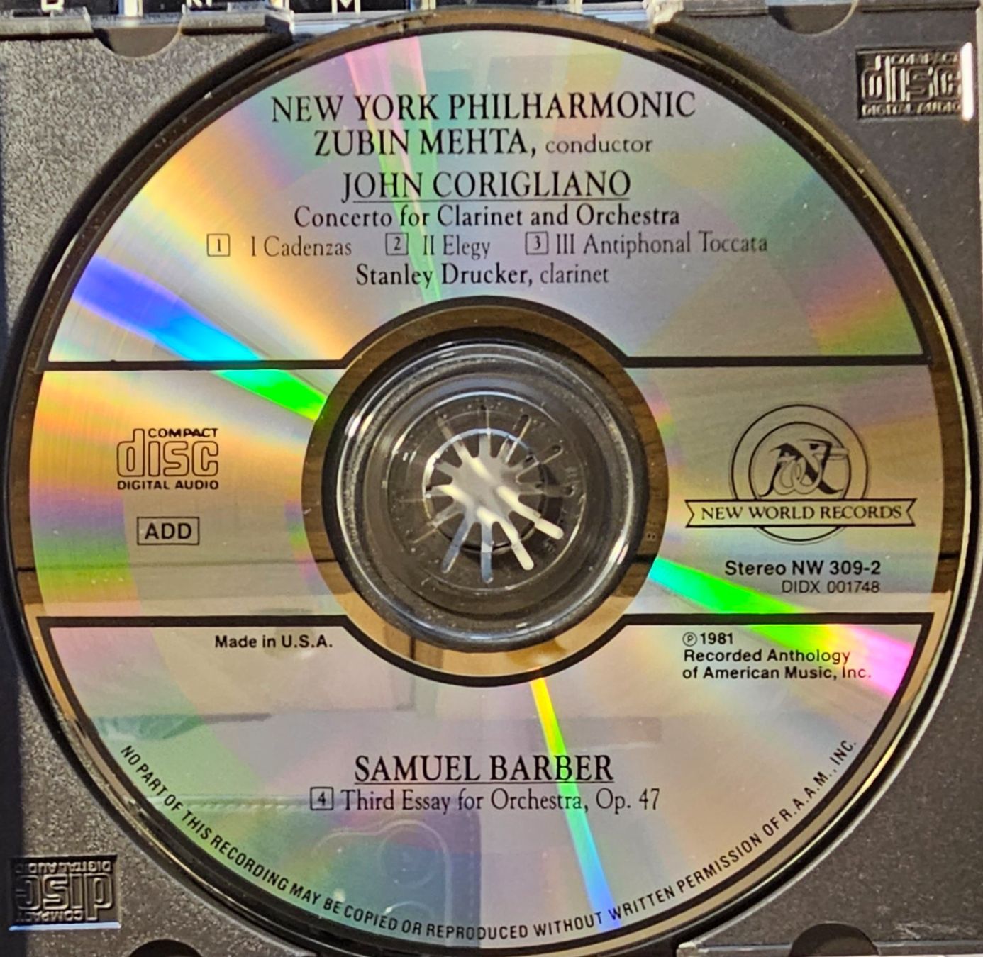 CD: John Corigliano, Samuel Barber - Clarinet Concerto / Third.. – Usato da Wahlen b. Laufen venduto da Cg10 1