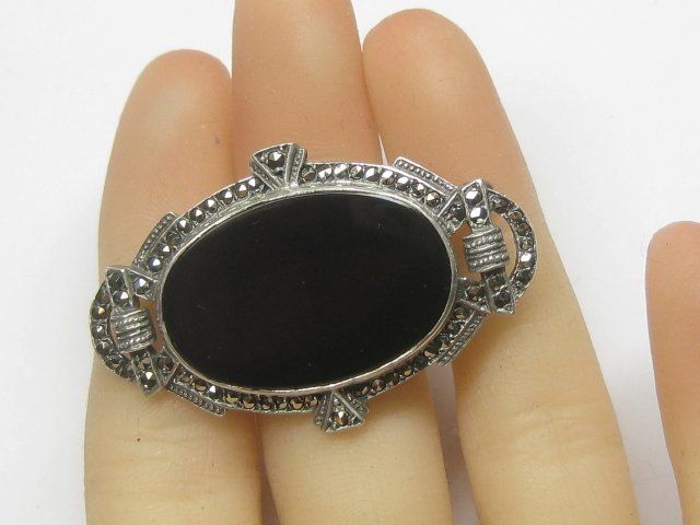 Spille & Fermagli: Antik Art-Deco Brosche Silber 925 / Onyx / Markasite – Usato da Ermatingen venduto da Decovin