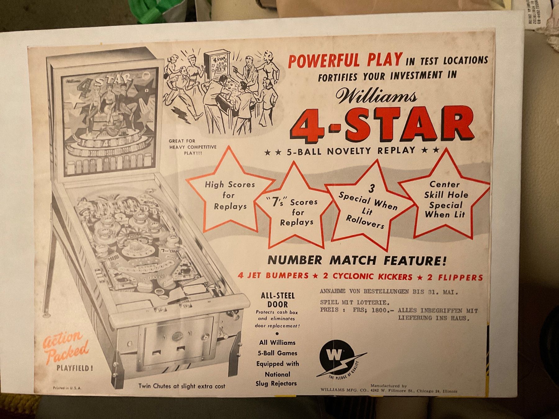 Dokumente: Werbeblatt: Williams 4-Star-Flipperautomat 1960 – Gebraucht aus Tecknau von bleilaus 1