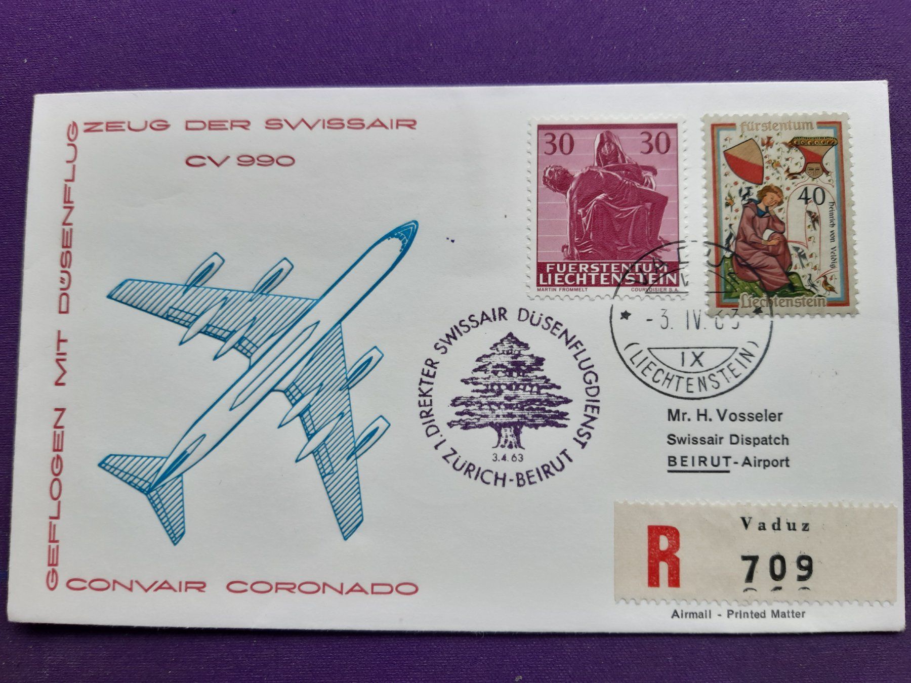 Alle Briefmarken: Flugbrief VADUZ-ZH-BEIRUT 3.IV.1963 !!!, eingeschrieben. – Neu (gemäss Beschreibung) aus Wangs von weisstannen01